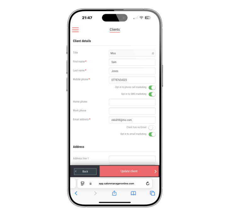 editing Client details in Salon Manager showing on iPhone