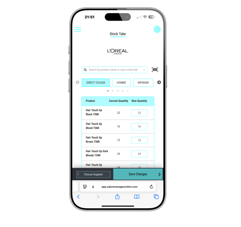 Stock check on Salon Manager on iPhone