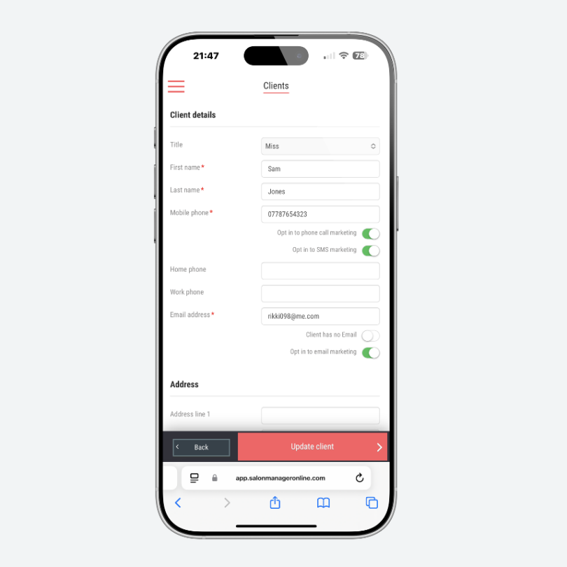 editing Client details in Salon Manager showing on iPhone