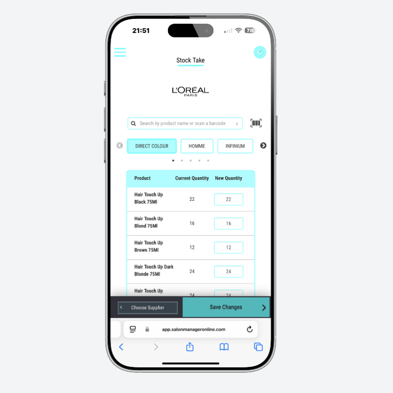 Stock check on Salon Manager on iPhone